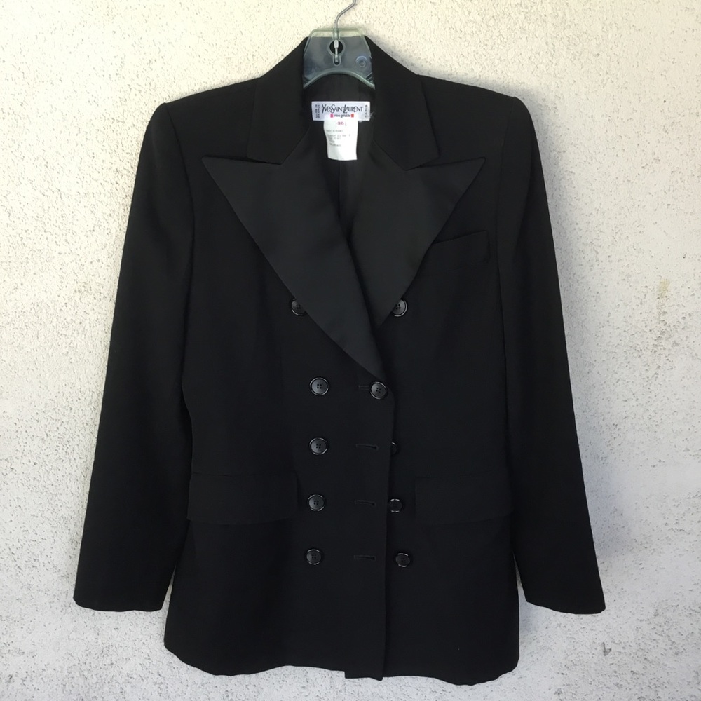 Yves Saint Laurent Black Double-Breasted Satin Lapel Blazer